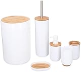 alpina Set de Baño - Set de Inodoro - 6 Piezas - Dispensador de Jabón - Portacepillos de Dientes - Cepillo de Baño - Papelera - Jabonera - Vaso - Bambú - Blanco