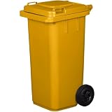 IMJ-Global - Cubo de Basura Alto Grande 120 Litros PN-EN 840 con Ruedas y Sistema de Enganche Mecánico de Recogida, Cubos de Basura de Reciclaje Contenedor Basurero en Plástico (Amarillo)
