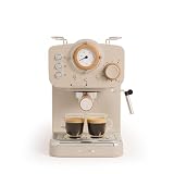 CREATE / THERA RETRO/Cafetera Express Semiautomática arena mate y madera / 20 bares, brazo doble salida, depósito 1,25L, café molido y monodosis ESE 55mm, con vaporizador, 1100W