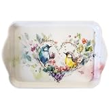 Bandeja de melamina de 13 x 21 cm, diseño de pareja de pájaros y corazones, para decorar y servir, pequeña bandeja para servir café, té, desayuno, decoración de mesa, San Valentín, boda, color blanco