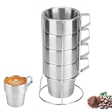 HERCHR Tazas de café apilables de acero inoxidable, tazas de té con doble pared aislante y soporte metálico para el hogar, cafeterías y acampadas