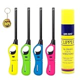 Clipper 4 Encendedores Mecheros Cocina Barbacoa + 1 Botella Gas 300 ml + 1 Llavero, Gas Sirve para Recargar Soplete de Cocina