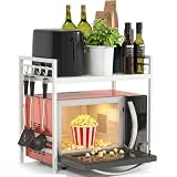 Heldenwunder Estantería Microondas Estantes Cocina Acero (2 Niveles) | Mueble Microondas Horno Estanterias Almacenaje Organizador Estante Panadería Ajustable + Instrucciones en Vídeo, Ganchos – Blanco