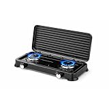 Cocina de gas portátil de 2 fuegos para camping y exterior, hornillo de gas compatible con butano y propano, llama regulable, tapa extraíble, 4,4 kW (2 FUEGOS)