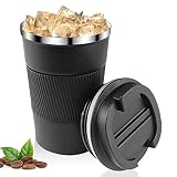 Relota - Taza isotérmica de 380 ml, color negro, aislante reutilizable de acero inoxidable 304, taza de coche con tapa, café impermeable de viaje para café caliente y frío, leche y té