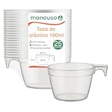 Monouso | 25 Tazas de Plástico Reutilizables, PS, 190ml, Color Transparente, Ideales para Café y Té, Apta para Bebidas Frías y Calientes, Apta para Microondas, Desechable