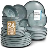 Vajillas para 6 Personas, Set de Steingut Rustic de 24 Piezas - Diseño Rústico y Moderno, Apto para Lavavajillas - Juego de Platos y Cuencos - Vajilla Pure Living en Color azul humo