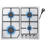 Placa de Gas 4 Fuegos Inox, Placa de Gas Butano, Encimera Cocina 4 Quemadores, 7200W, Acero inoxidable, Apto Para Metano/Propano/Butano