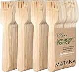 MATANA 200 Tenedores de Madera Desechables - Cubiertos Desechables para Picnics, BBQ's & Más - 100% Natural Tenedores Desechables, Ecológicas y Biodegradables - 16cm