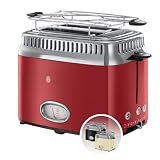 Russell Hobbs Tostadora Retro - 2 Ranuras Cortas y Anchas, Tostador para 2 Rebanadas, Bandeja Recogemigas, Calientapanecillos, Función Descongelar, Diseño Vintage, Acero Inoxidable, Rojo - 21680-56