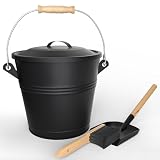 VOUNOT® Cubo Cenizas con Tapa y Set Barrido 5L Contenedor Ceniza con Asa, Pala y Escoba de Mano, Accesorios para Chimenea Estufa, Recipiente con Asas para Carbón y Restos de Leña, Metálico, Negro