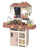 Cocina de Juguete niños Unisex, Incluye 36 Accesorios, fogones eléctricos con simulación de Fuego, Grifo con Bomba de Agua, Pizarra y Mucho más Juguetes + 3 años (Marrón)