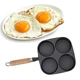 TOTITOM Sartén para huevos, sartén para huevos de 4 tazas de hierro fundido con mango de madera, sartén para huevos antiadherente para desayuno, tortitas, tortillas Regalo de San Valentín