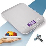 PORTENTUM Peso de Cocina con Pantalla LCD, Acero Inoxidable, Balanza cocina precisa de 1 gramo a 5 kg/11 lbs, Plata
