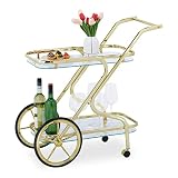 Relaxdays Carrito de Cocina, Camarera Servicio, 2 Baldas y 4 Ruedas, Hierro y Cristal, 80x43x85 cm, Bar y Salón, Latón