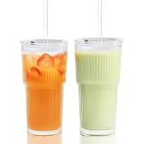 ZkateTrade 2 piezas 600ml Vasos de vidrio acanalados con tapa y pajita, vasos de batido de vidrio, vasos herméticos y resistentes al agua, ideales para café, jugo, té