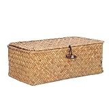 Canasta de almacenamiento con tapa, cesta rectangular de canasta de mimbre de mimbre de almacenamiento Organizador decorativo Organizador de escritorio de escritorio (METRO)