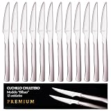 12 Cuchillos Chuleteros PREMIUM | Modelo Bilbao | Acero Inoxidable Monoblock | Hoja Microdentada Profesional | Corte Extra Suave “Mantequilla” | Mango Ergonómico | Ideal Hogar y Hostelería