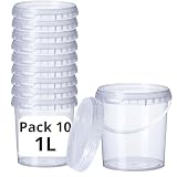 GROWMANIA Pack x10 Cubo Plástico 1L Transparente con Asa – Tupper Hermético Apto para Alimentos, Líquidos y Pintura - Bote Almacenamiento – Tarro Contenedor Resistente
