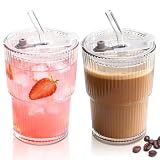 Solinorex Juego de 2 Vasos con Tapa y Pajita - Vaso para Matcha de 400 ML, Taza Cristal para Café, Zumo y Batidos