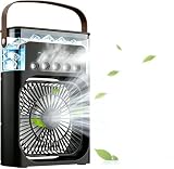 Ventilador Humidificador Aromatizador, Pequeño Aire Acondicionado Portátil 4 en 1. 3 Velocidades, 3 Modos, Temporizador 1-3h, Silencioso, Luz LED 7 Colores, Enfriador Hogar y Exteriores (Negro)