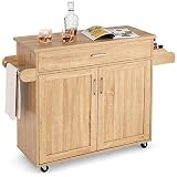 COSTWAY Carrito de Cocina Carro de Servicio Comedor con Ruedas,Toallero,Cajón, Puerta y Estantes Gabinete Mueble de Cocina (Natural)