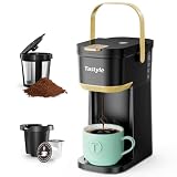 Tastyle - Cafetera de una sola taza para tazas K y molidos, mini cafetera con mango portátil, tamaño de cerveza de 6 a 12 onzas, para viajes, camping, oficina, RV y recámara, 120 V, negro y dorado