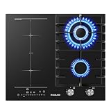 GASLAND GIH604BF Placa de cocción a gas e inducción, placa combinada de 60 cm, placa empotrable de vidrio negro, gas de 5200 W con quemador wok, inducción de 3500 W, función BBQ