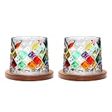 Uten Vaso de Whisky de Cristal, 275 ml/10 oz Vaso de Agua Giratorio, Posavasos de Bambú, Tacto Grueso, Adecuado para Beber Ron, Brandy, Cócteles, Café, Jugo, Relajarse y Descomprimir, 2 Pieza