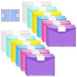 24 Piezas Carpeta de Plástico de Color Transparente A4 con 11 Agujeros Archivadoras Carpeta Sobre con Botón y Bolsillo Tarjeta Etiqueta 6 Colores