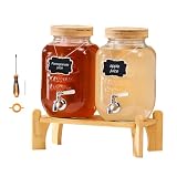 VEVOR Dispensador de Bebidas, Paquete de 2 de 3,8 L para Fiestas, Dispensador de Zumo de Cristal con Soporte de Madera, Grifo de Acero Inoxidable e Infusor, para Té Helado, Limonada, Zumo y Agua