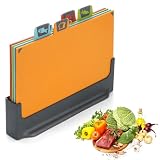 BEWOS Juego 4 Tabla Cortar Cocina Codificadas Color, Paja Trigo, Reversible Con Soporte, Pies Antideslizantes, Ranuras Jugo & Seguro Lavavajillas