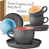 Cosumy 4 Tazas de Capuchino de Gres 200 ml – Esmalte Reactivo – Con Platos