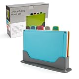 Braozaiw Juego de tablas de cortar, tablas de cortar de cocina, juego de 4 con soporte, 4 colores con iconos de alimentos, fácil de limpiar y evita la contaminación cruzada de alimentos.
