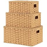 GRANNY SAYS Cestas Almacenaje con Tapa, Paquete de 3 Cestas Organizadoras Rectangulares, Cestos Mimbre Decoración, Cajas de Mimbre Tejida Apilable para Armarios de Cocina Baño Estante, Amarillo