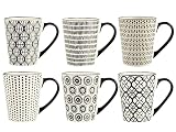 H&H Vhera, Juego de 6 Tazas Mug, Stoneware, Color Crema y Negr, 350 CC.
