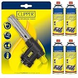 Clipper - Soplete Multiusos + Cartucho de 400ml de Gas Universal (4 uds) | Válvula GLP250 | Ideal para Flamear, Caramelizar y usar en Barbacoas | Cocina & Acampada