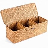 Dexpally Cesta de Almacenamiento de Hierba Marina con Tapa, 3 Cuadrículas Cesta de Mimbre Tejida Rectangular para Escritorio, Caja Organizadora para Baño, Sala de Estar