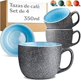 Cosumy Set de 4 Tazas de Café Grandes - 350ml Tazas de Cerámica – Juego de Café Moderno - Gres Grueso con Esmalte Reactivo Hecho a Mano - Mantiene el Calor por Más Tiempo (Azul)