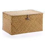 IGNPION - Cajas de mimbre trenzado con tapa, cajas portaobjetos de madera natural grande (L, 36 x 24 x 18 cm)