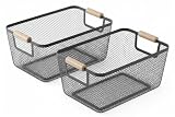 2x Cestas de Alambre Negro con Asas de Madera Cestas Organizadoras Cocina