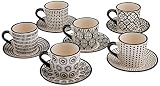 H&H – Set de 6 tazas de café “Vhera” con platillo, stoneware decorado en beige y negro, patrones surtidos, aptas para lavavajillas y microondas, 90 ml