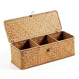 Cesta de junco marino natural de 3 compartimentos con tapa, rectangular, cesta de almacenamiento con tapa, contenedor multiusos para baño, salón, escritorio