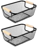 Cestas De Alambre, 2PC Cestas De Almacenamiento De Metal Negro Cesta De Cocina Con Asas De Madera Frutas Organizador Colgante Multifuncional Cestas De Estante Para Cocina Despensa Baño Dormitorio